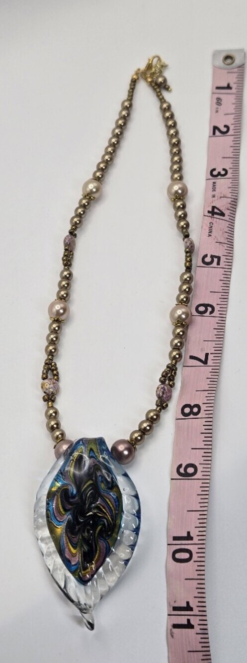 New! Artisan Glass Pendant Necklace Tear-drop Shaped Fused Glass Pendant & Beads - Picture 6 of 9